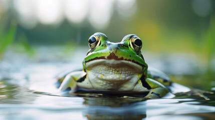 Obraz premium A green frog, a quintessential amphibian, peacefully resides within the gentle waters of a serene lake or river, nestled amidst the lush embrace of nature.