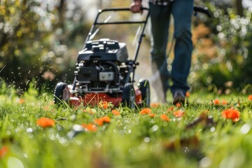 man is mowing the grass with a lawn mower - obrazy, fototapety, plakaty