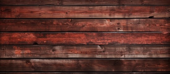 A close-up view of weathered wooden boards that have been painted with a red-brown hue, creating a rustic and aged appearance. The wooden wall showcases a rich and warm color with visible texture and
