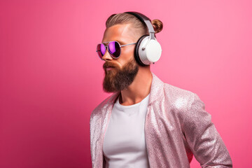 Portrait of handsome stylish hipster lambersexual model. an with beard dressed in pink jacket ,sunglasses and headphones. Fashion male isolated on pink wall in studio