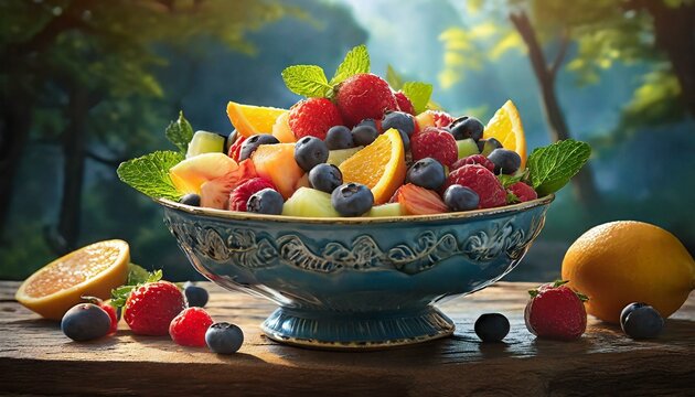 Salade de Fruits Frais d'&Eacute;t&eacute; : Un Festin Color&eacute; et Sain de Fraises, Myrtilles, Framboises, et Kiwis, Id&eacute;al pour un Petit-D&eacute;jeuner Revigorant ou une Pause Gourmande sous le Soleil Estival. Une Explosio