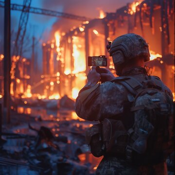 War in battlefield. Digital Art Illustration Painting. a soldier takes a picture by a burning moscow