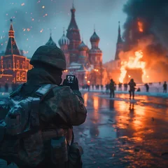 Fotobehang War in battlefield. Digital Art Illustration Painting. a soldier takes a picture by a burning moscow © Nataliia