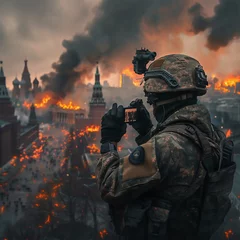 Crédence de cuisine en verre imprimé Moscou War in battlefield. Digital Art Illustration Painting. a soldier takes a picture by a burning moscow