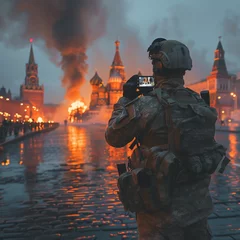 Fototapeten War in battlefield. Digital Art Illustration Painting. a soldier takes a picture by a burning moscow © Nataliia