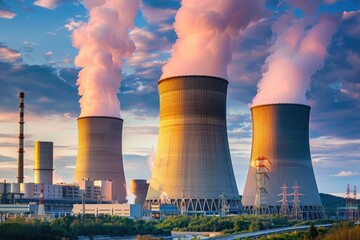 Nuclear power plant and cooling towers - obrazy, fototapety, plakaty
