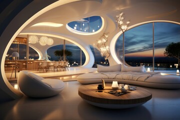 Futurstic Living Room With Abundant Furniture and Large Window Generative AI - obrazy, fototapety, plakaty