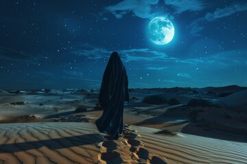 A Muslim woman walks through the desert in a black niqab under a night sky, gazing at the full moon. View from the back. The natural landscape and vast horizon create a breathtaking atmosphere