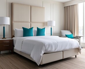 A modern hotel room with a large bed, white walls and a beige headboard