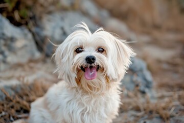 maltese with its tongue out, looking cheerful