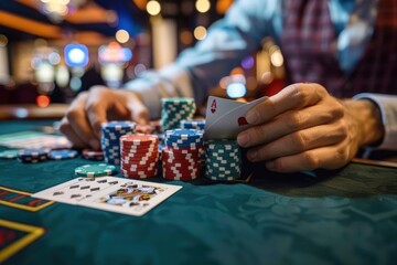 Poker player with playing cards and chips at a casino table in casino - obrazy, fototapety, plakaty