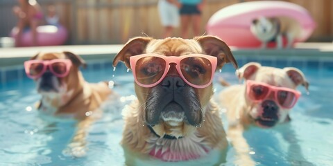 funny dogs puppy with sunglasses in the pool