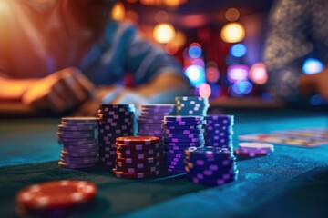 Naklejka premium Poker player with playing cards and chips at a casino table in casino