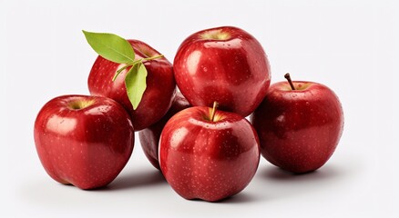 a group of red apples with green leaves