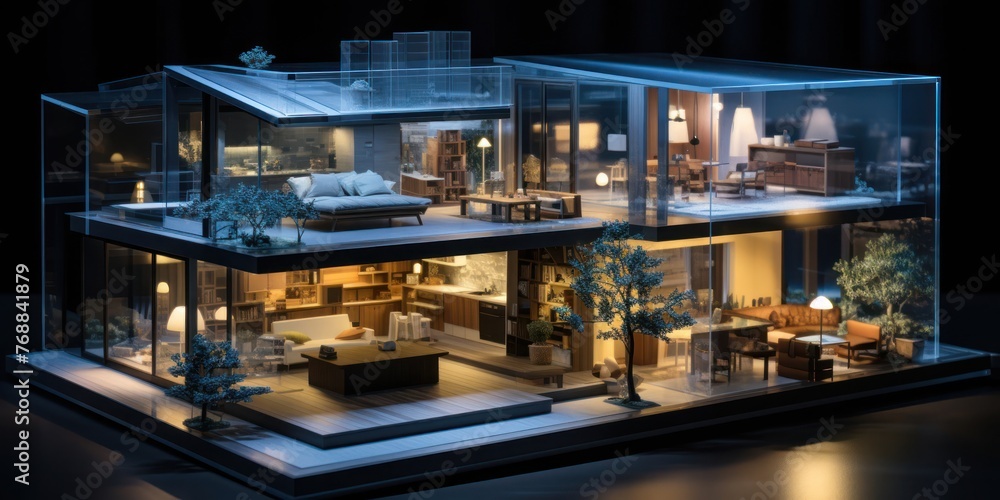 Poster three-dimensional house model displayed in darkness generative ai