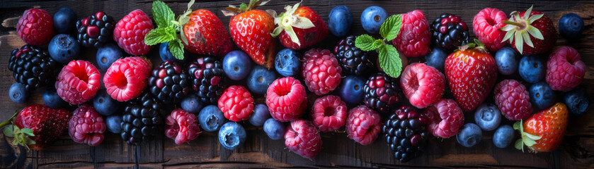 A vibrant selection of mixed berries neatly arranged on a dark wooden background, showcasing...