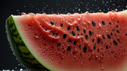 a close-up of a juicy slice of watermelon with water droplets on its surface, set against a dark background that accentuates the fruit's vibrant red flesh and black seeds - Powered by Adobe