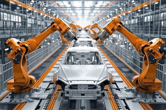 Robot assembly line in car white modern factory