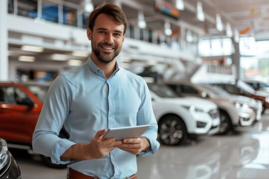 Sales man at a car showroom, holding tablet and smiling to the camera