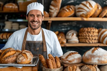 Smiling baker with a tray of fresh bread - obrazy, fototapety, plakaty