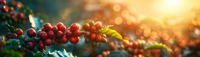 Ripe coffee beans basking in the golden sunlight on a plantation at sunrise, full of warmth. - obrazy, fototapety, plakaty