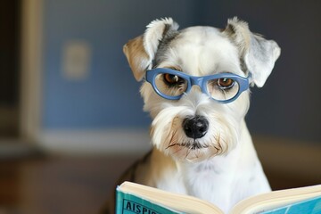 schnauzer with thickrimmed glasses, reading a novel