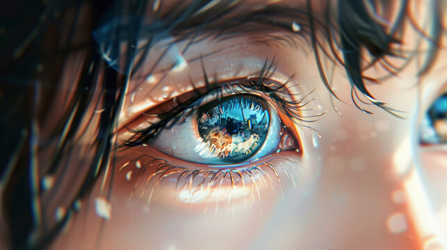 Anime close up of a girl's eye, eyeball close up