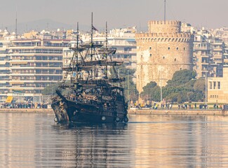 Picturesque view of the Arabella Cruise Bar Pirate Ship in Thessaloniki, Greece.