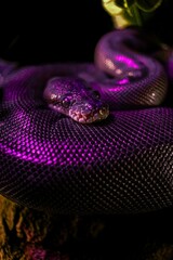 Vertical shot of a creepy huge snake crawling on woods under led lights with a dark background