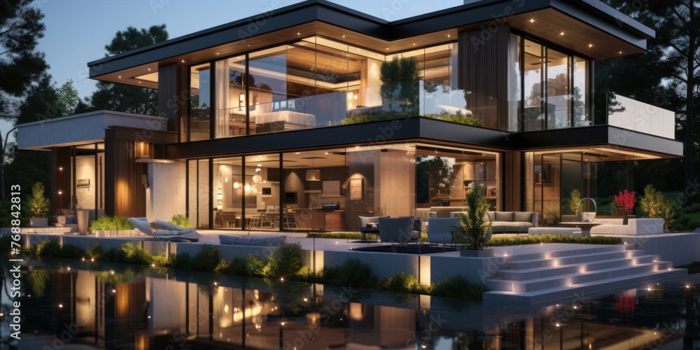 Poster modern house with pool generative ai