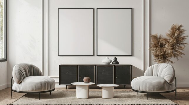Fototapeta frame mockup on black cabinet in modern scandinavian style living room interior design with comfortable chairs, white wall background, 3d render, 3d illustration