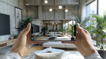 AR interior design app, transforming empty rooms with virtual furniture, innovative tool, bright afternoon , octane render - obrazy, fototapety, plakaty