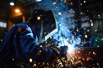 Worker welder performing arc welding