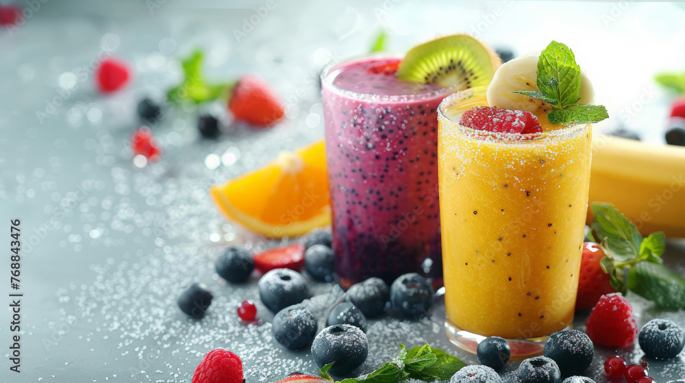 Poster mixed fruit smoothies on white background with black currant strawberry kiwi orange and banana copy 
