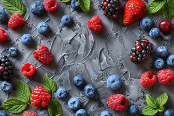 Raspberries blackberries blueberries a gray abstract background Copyspace Healthy food concept...