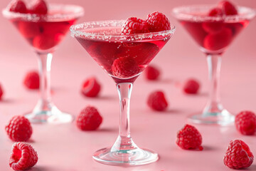 Red cocktail with raspberries on a pink background 