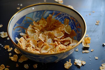 unfinished bowl of cereal with soggy flakes - obrazy, fototapety, plakaty