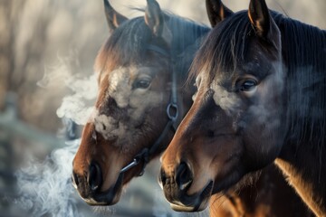 horses breath visible as they stand close in crisp morning air
