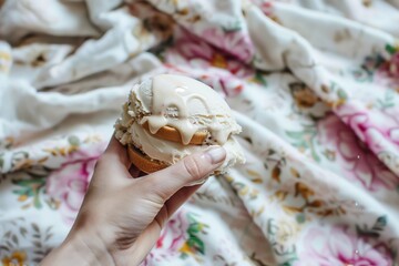 Fototapeta na wymiar hand holding a dripping ice cream sandwich over a floral blanket