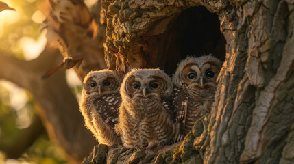 Three juvenile owls peer curiously from the safety of a tree hollow at dusk, exhibiting natural wildlife behavior.