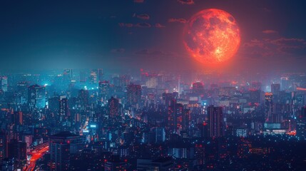city buildings at night moon - obrazy, fototapety, plakaty