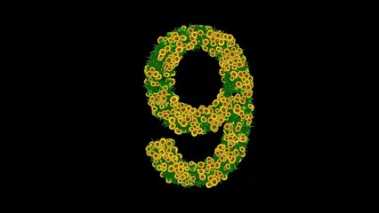 Beautiful illustration of number 9 with yellow flowers and green leaves on plain black background