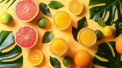 Food summer minimal concept Orange juice and juicy tropical fruits on a light colored background 