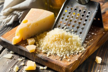 freshly grated parmesan cheese on a wooden board