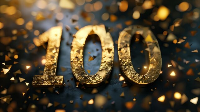 Gold shining 100 text on black background