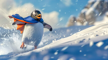Superhero penguin gliding through snowy landscape