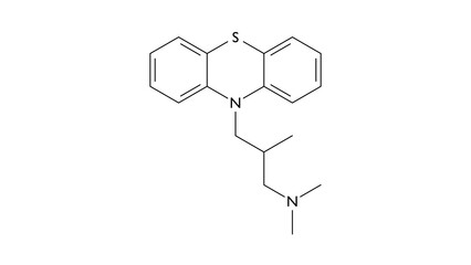 alimemazine molecule, structural chemical formula, ball-and-stick model, isolated image h1 receptor antagonist