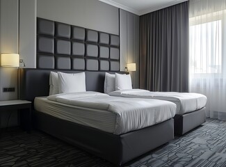 A modern hotel room with two beds, gray and white colors