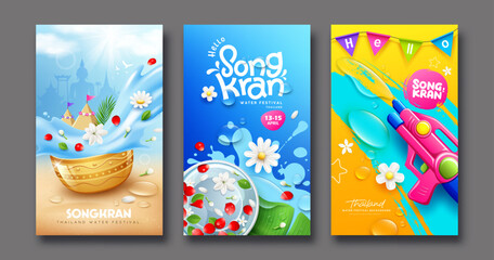 Songkran water festival thailand, happy new year thailand, summer holiday fun, poster flyer three designs collections background, Eps 10 vector illustration
