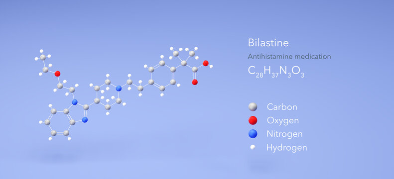 bilastine molecule, molecular structures, antihistamine medication, 3d model, Structural Chemical Formula and Atoms with Color Coding